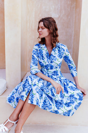 Audrey Dress #2 Shirt Collar 3/4 Sleeve Long Length Cotton Stretch (Lilac Bunch Large Pastel)