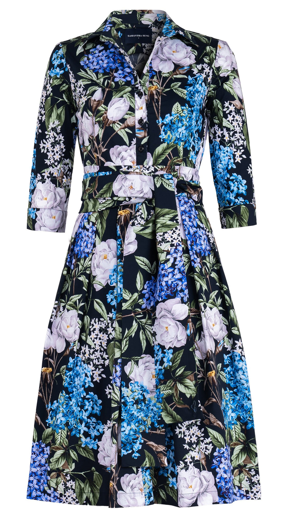 Audrey Dress #1 Shirt Collar 3/4 Sleeve Long Length Cotton Stretch (Lilac Heaven Black)