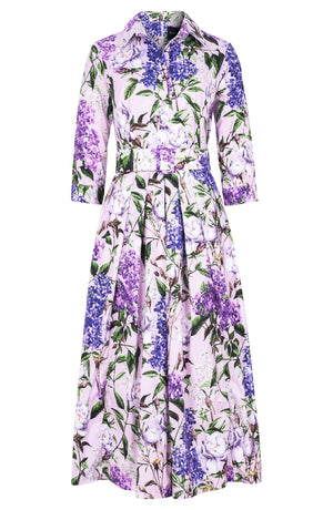 Lana Dress Shirt Collar 3/4 Sleeve Midi Plus Length Cotton Stretch (Lilac Heaven Pastel)