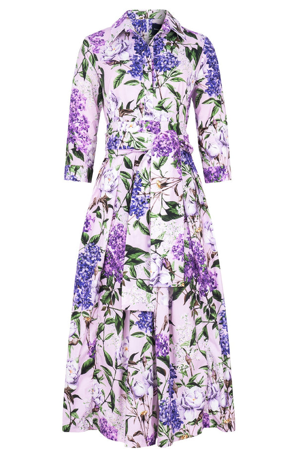 Lana Dress Shirt Collar 3/4 Sleeve Midi Plus Length Cotton Stretch (Lilac Heaven Pastel)