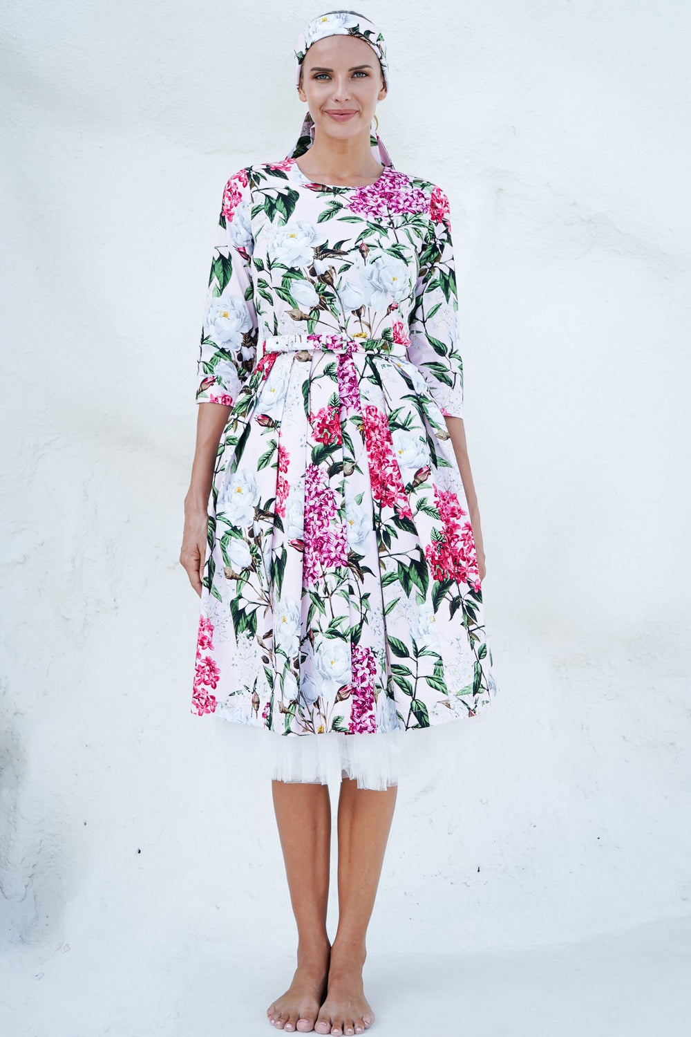 Lana Dress Crew Neck 3/4 Sleeve with Tulle Cotton Stretch (Lilac Heaven Pastel)