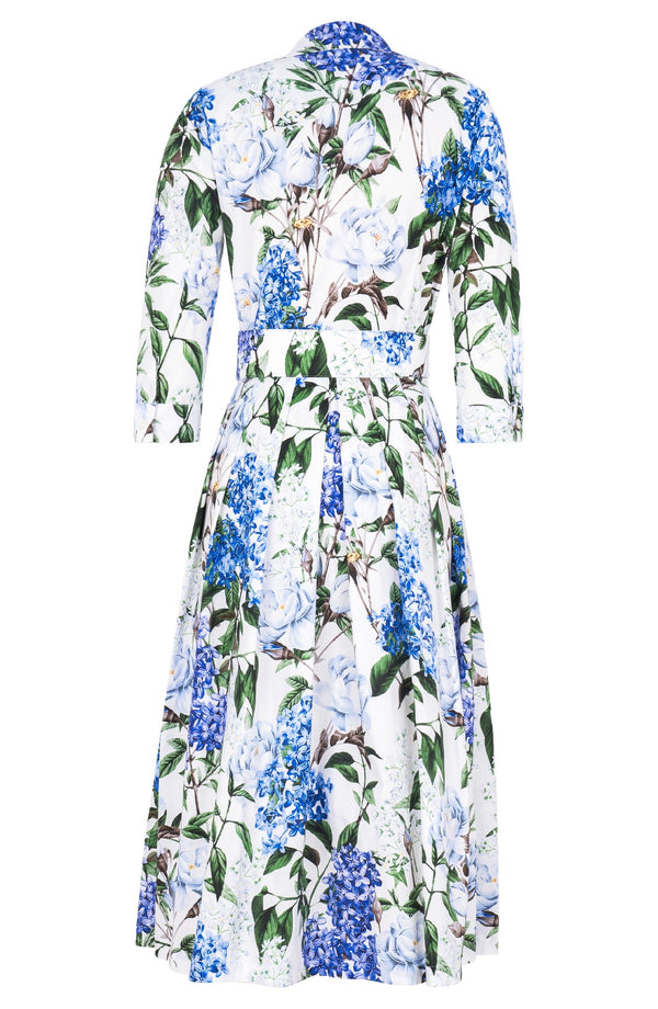 Audrey Dress #1 Shirt Collar 3/4 Sleeve Midi Length Cotton Stretch (Lilac Heaven White)