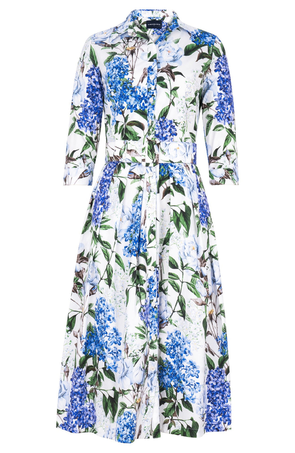 Audrey Dress #1 Shirt Collar 3/4 Sleeve Midi Length Cotton Stretch (Lilac Heaven White)