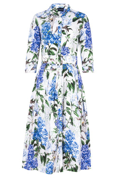 Audrey Dress #1 Shirt Collar 3/4 Sleeve Midi Length Cotton Stretch (Lilac Heaven White)