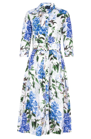 Audrey Dress #1 Shirt Collar 3/4 Sleeve Midi Length Cotton Stretch (Lilac Heaven White)
