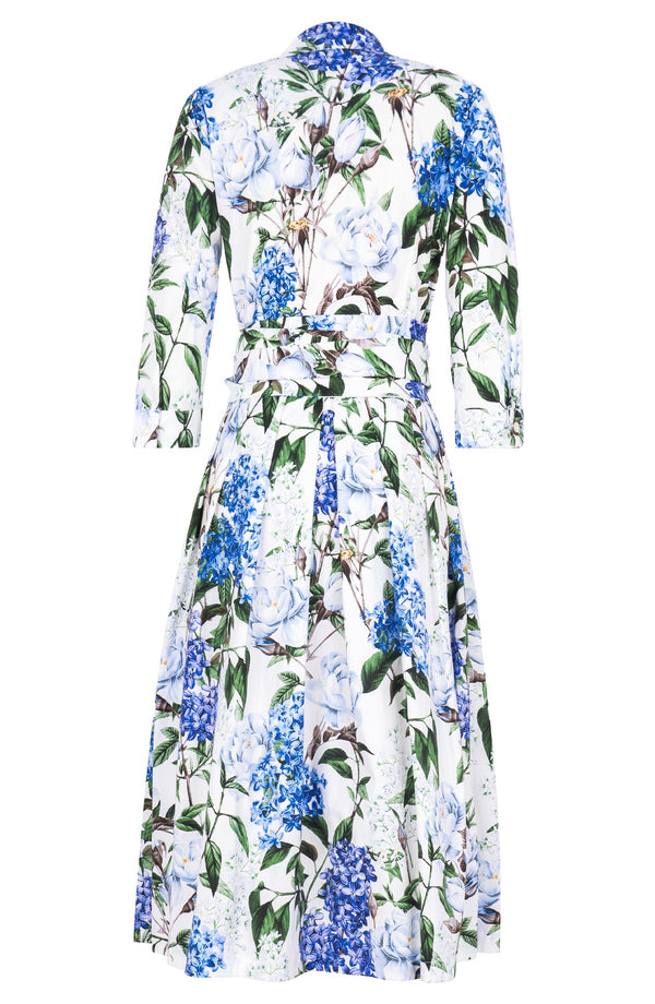 Audrey Dress #1 Shirt Collar 3/4 Sleeve Midi Length Cotton Stretch (Lilac Heaven White)