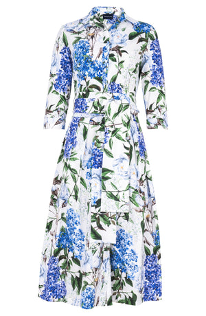 Audrey Dress #1 Shirt Collar 3/4 Sleeve Midi Length Cotton Stretch (Lilac Heaven White)