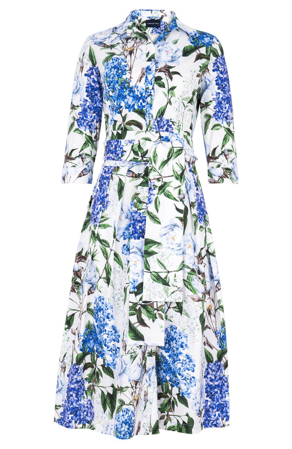 Audrey Dress #1 Shirt Collar 3/4 Sleeve Midi Length Cotton Stretch (Lilac Heaven White)