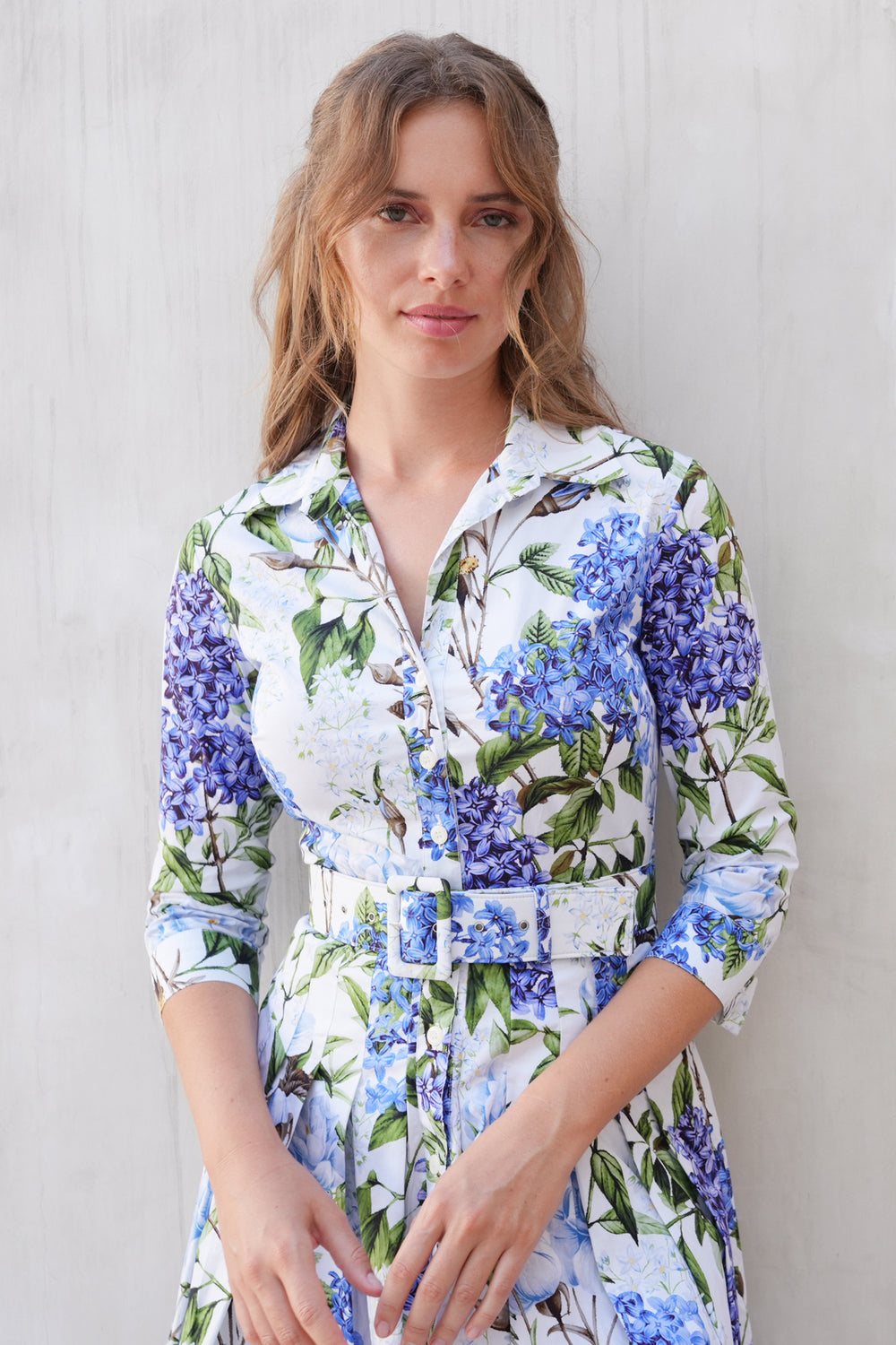 Audrey Dress #2 Shirt Collar 3/4 Sleeve Long Length Cotton Stretch (Lilac Heaven White)