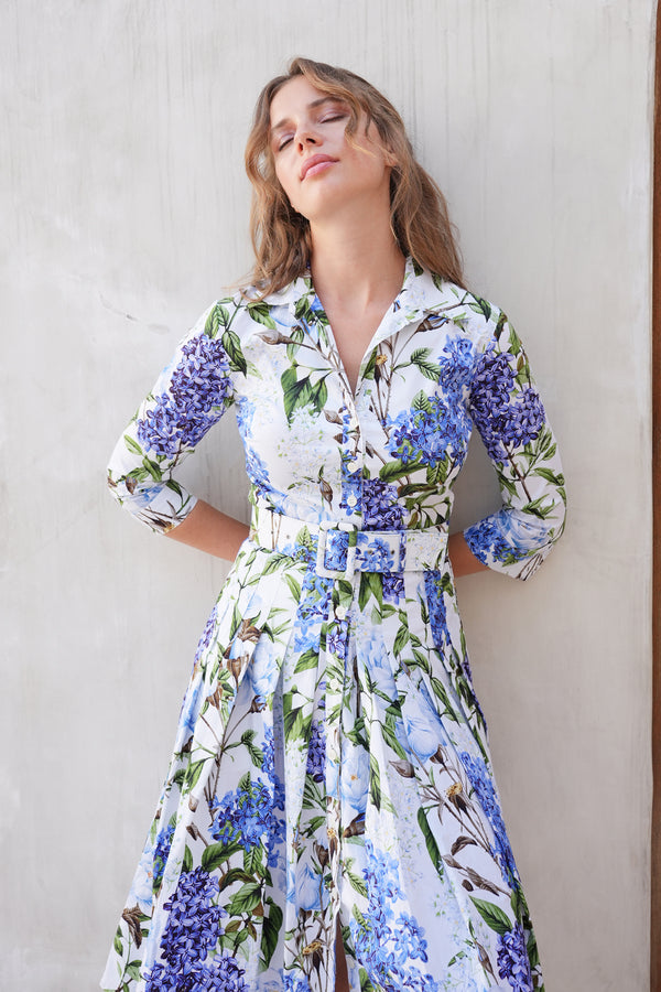 Audrey Dress #2 Shirt Collar 3/4 Sleeve Long Length Cotton Stretch (Lilac Heaven White)