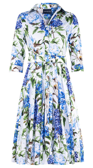 Audrey Dress #4 Shirt Collar 3/4 Sleeve Long Length Cotton Stretch (Lilac Heaven White)