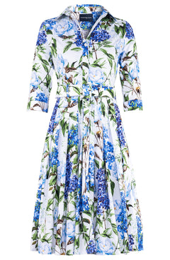 Audrey Dress #4 Shirt Collar 3/4 Sleeve Long Length Cotton Stretch (Lilac Heaven White)