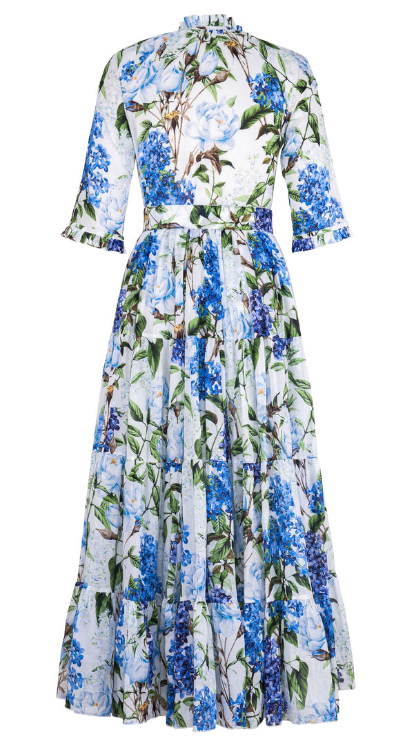 Eva Dress Crew Neck 3/4 Sleeve Maxi Length Cotton Musola (Lilac Heaven White)