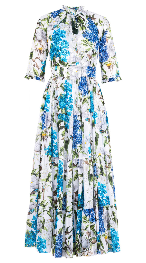 Eva Dress Crew Neck 3/4 Sleeve Maxi Length Cotton Musola (Lilac Heaven White)