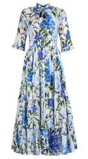 Eva Dress Crew Neck 3/4 Sleeve Maxi Length Cotton Musola (Lilac Heaven White)