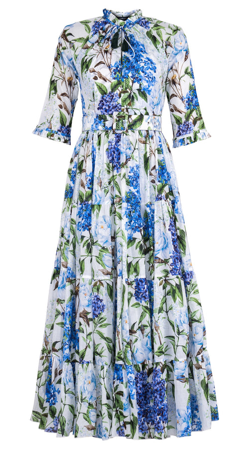 Eva Dress Crew Neck 3/4 Sleeve Maxi Length Cotton Musola (Lilac Heaven White)