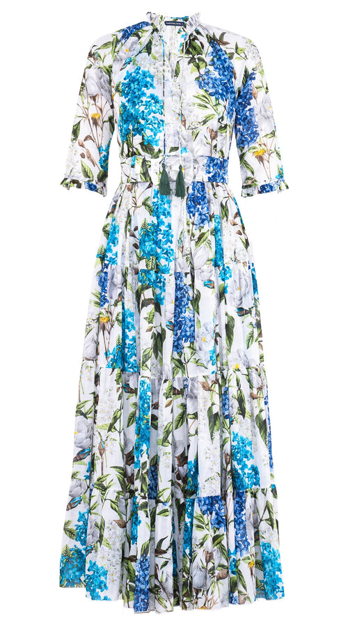 Eva Dress Crew Neck 3/4 Sleeve Maxi Length Cotton Musola (Lilac Heaven White)