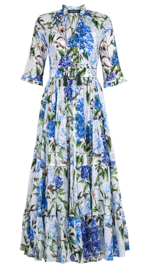 Eva Dress Crew Neck 3/4 Sleeve Maxi Length Cotton Musola (Lilac Heaven White)