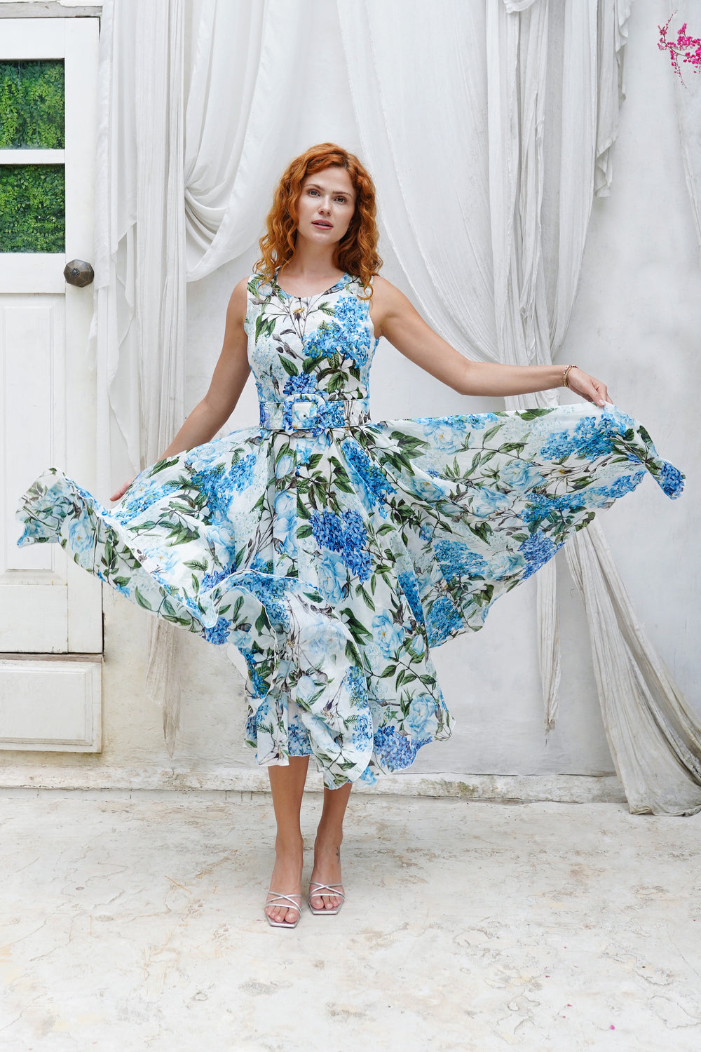 Aster Dress Crew Neck Sleeveless Midi Length Cotton Musola (Lilac Heaven White)