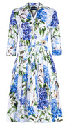 Audrey Dress #4 Shirt Collar 3/4 Sleeve Long Length Cotton Stretch (Lilac Heaven White)