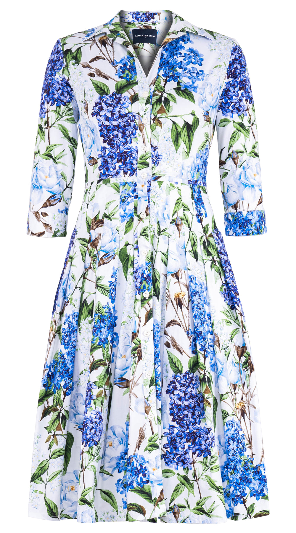 Audrey Dress #4 Shirt Collar 3/4 Sleeve Long Length Cotton Stretch (Lilac Heaven White)