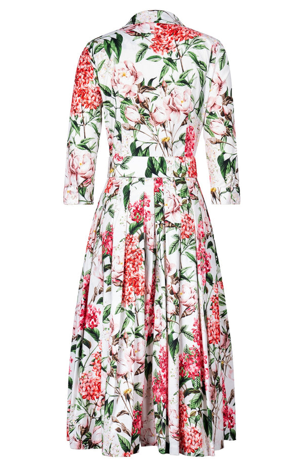 Audrey Dress #2 Shirt Collar 3/4 Sleeve Midi Length Cotton Stretch (Lilac Heaven White)