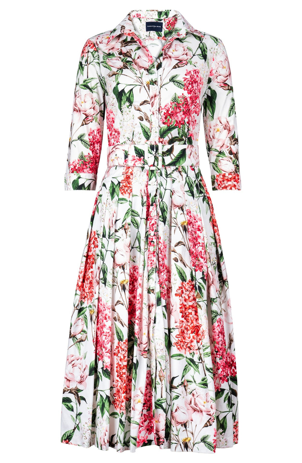 Audrey Dress #2 Shirt Collar 3/4 Sleeve Midi Length Cotton Stretch (Lilac Heaven White)