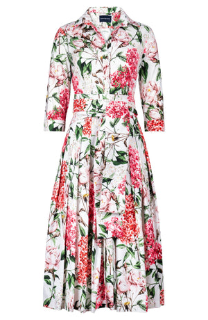 Audrey Dress #2 Shirt Collar 3/4 Sleeve Midi Length Cotton Stretch (Lilac Heaven White)