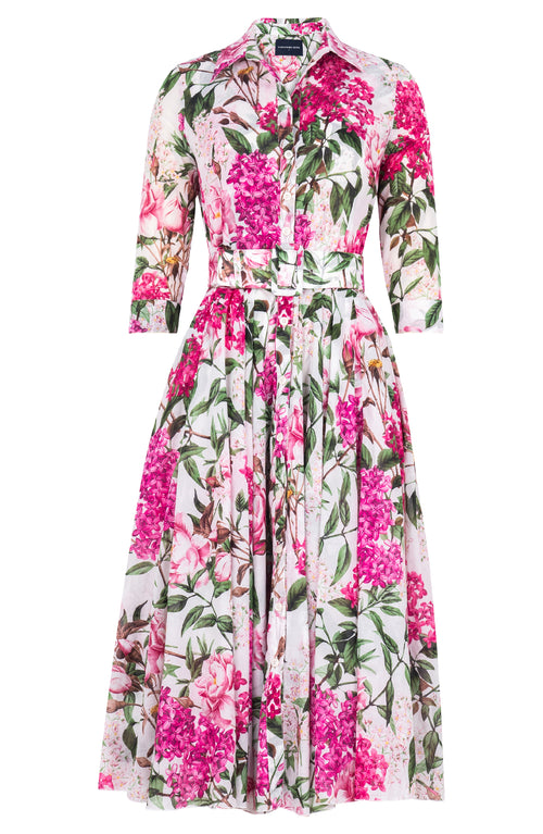 Aster Dress Shirt Collar 3/4 Sleeve Midi Length Cotton Musola (Lilac Heaven White)