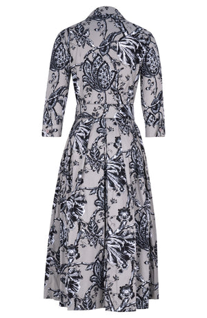 Audrey Dress #1 Shirt Collar 3/4 Sleeve Midi Length Cotton Stretch (Lillie Toile Black)