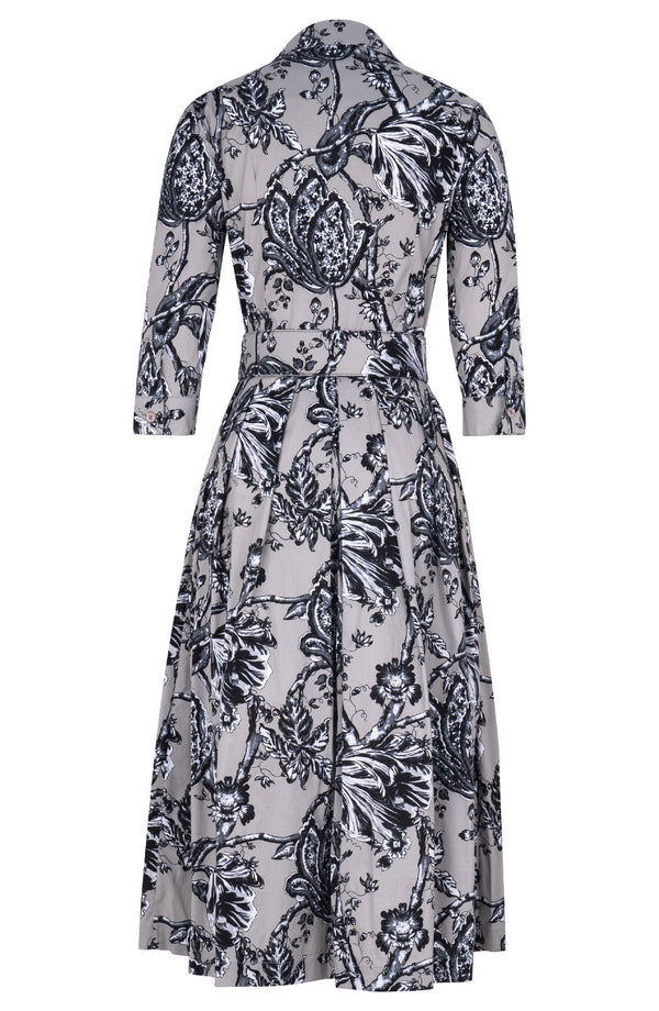Audrey Dress #1 Shirt Collar 3/4 Sleeve Midi Length Cotton Stretch (Lillie Toile Black)