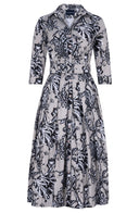 Audrey Dress #1 Shirt Collar 3/4 Sleeve Midi Length Cotton Stretch (Lillie Toile Black)