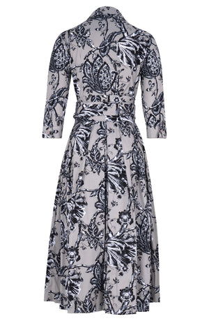 Audrey Dress #1 Shirt Collar 3/4 Sleeve Midi Length Cotton Stretch (Lillie Toile Black)