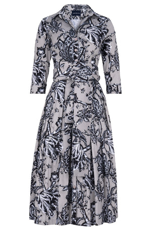 Audrey Dress #1 Shirt Collar 3/4 Sleeve Midi Length Cotton Stretch (Lillie Toile Black)