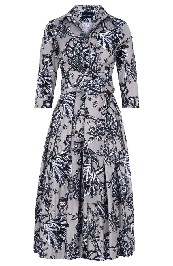 Audrey Dress #1 Shirt Collar 3/4 Sleeve Midi Length Cotton Stretch (Lillie Toile Black)