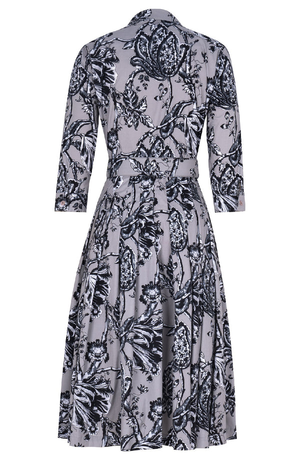 Audrey Dress #2 Shirt Collar 3/4 Sleeve Long Length Cotton Stretch (Lillie Toile Black)