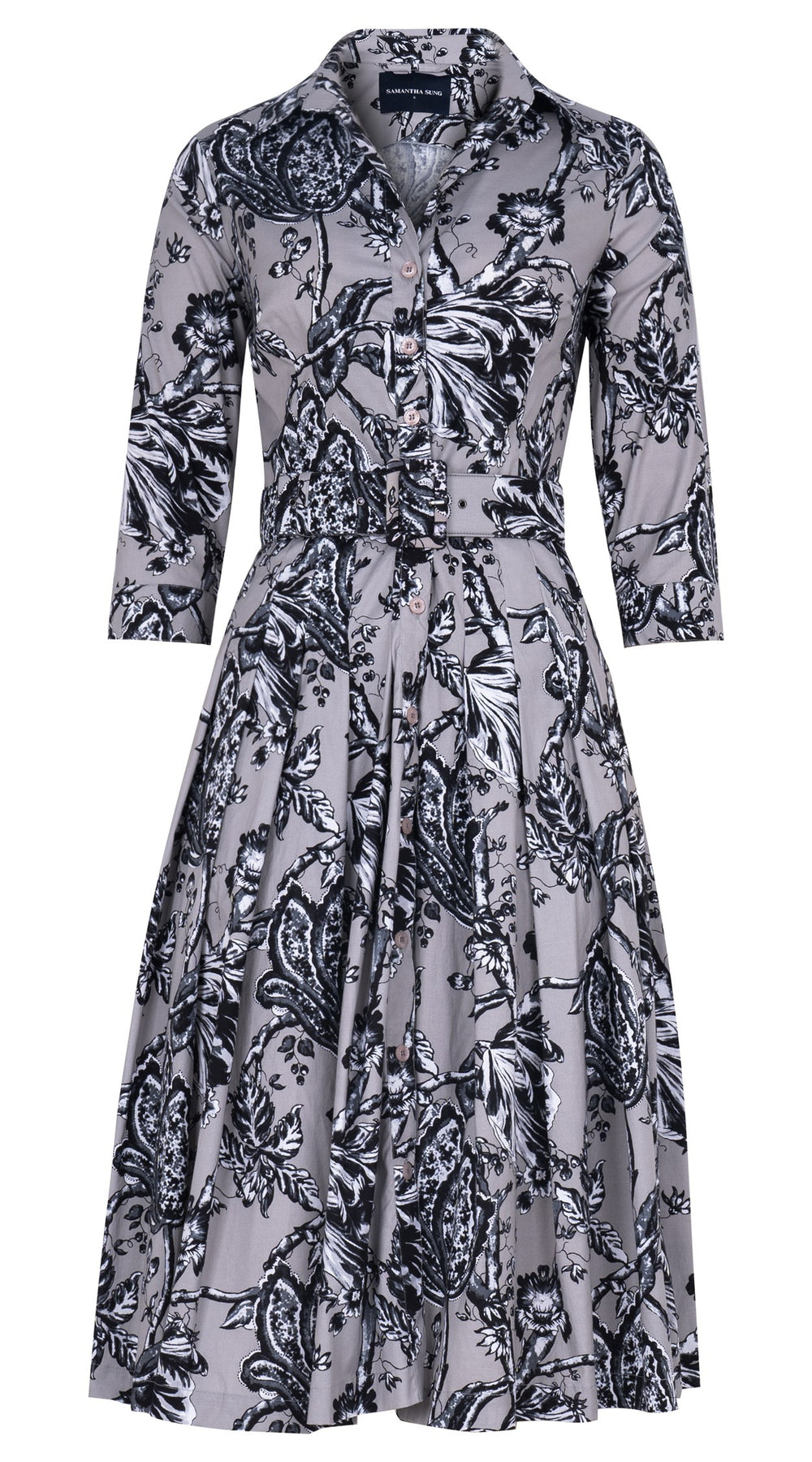 Audrey Dress #2 Shirt Collar 3/4 Sleeve Long Length Cotton Stretch (Lillie Toile Black)