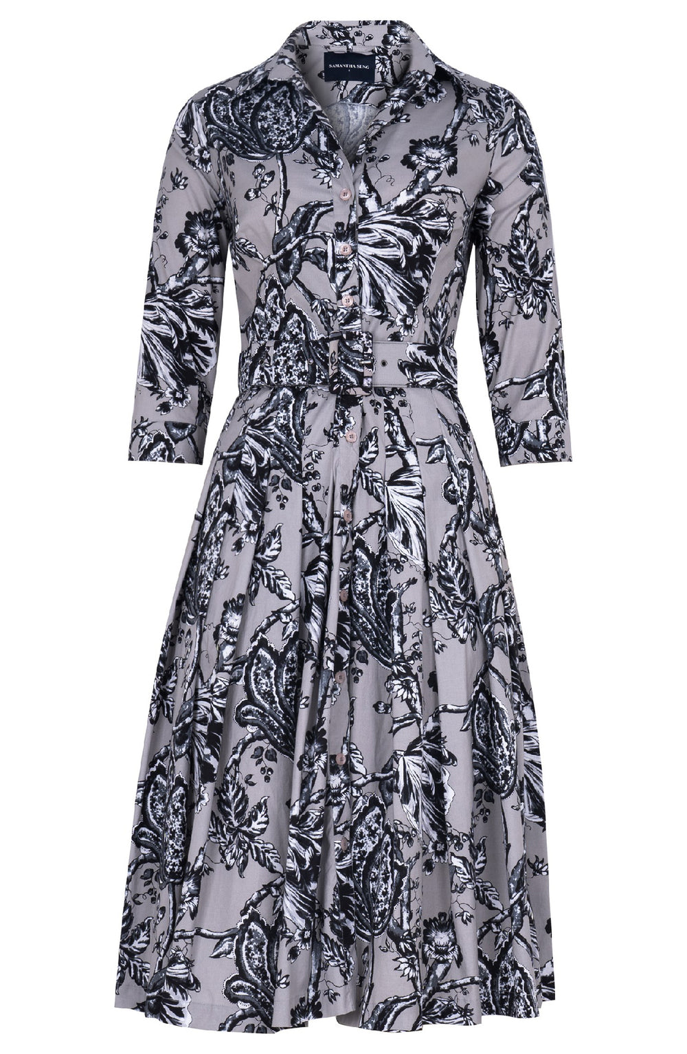 Audrey Dress #2 Shirt Collar 3/4 Sleeve Long Length Cotton Stretch (Lillie Toile Black)