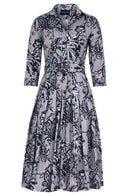 Audrey Dress #2 Shirt Collar 3/4 Sleeve Long Length Cotton Stretch (Lillie Toile Black)