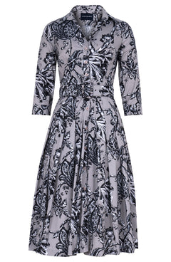 Audrey Dress #2 Shirt Collar 3/4 Sleeve Long Length Cotton Stretch (Lillie Toile Black)
