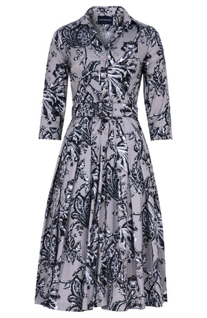 Audrey Dress #2 Shirt Collar 3/4 Sleeve Long Length Cotton Stretch (Lillie Toile Black)