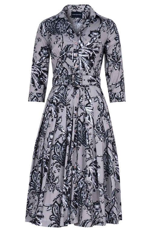 Audrey Dress #2 Shirt Collar 3/4 Sleeve Long Length Cotton Stretch (Lillie Toile Black)