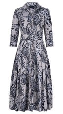 Audrey Dress #2 Shirt Collar 3/4 Sleeve Midi Length Cotton Stretch (Lillie Toile Black)