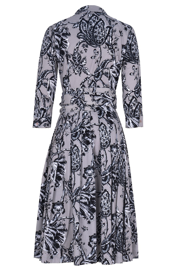 Audrey Dress #2 Shirt Collar 3/4 Sleeve Long Length Cotton Stretch (Lillie Toile Black)