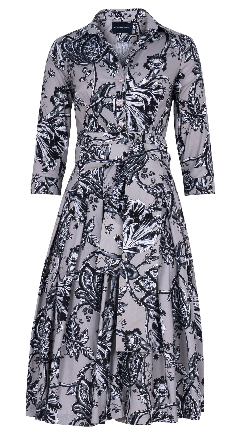 Audrey Dress #2 Shirt Collar 3/4 Sleeve Long Length Cotton Stretch (Lillie Toile Black)