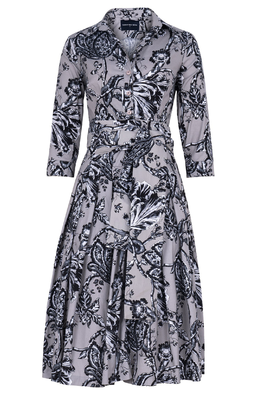 Audrey Dress #2 Shirt Collar 3/4 Sleeve Long Length Cotton Stretch (Lillie Toile Black)