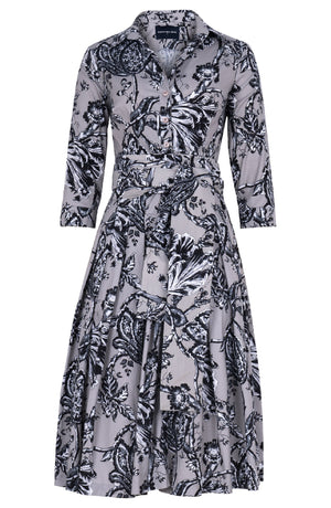 Audrey Dress #2 Shirt Collar 3/4 Sleeve Long Length Cotton Stretch (Lillie Toile Black)