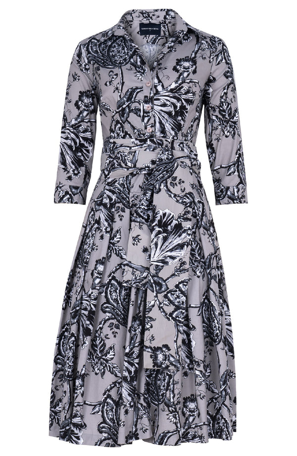 Audrey Dress #2 Shirt Collar 3/4 Sleeve Long Length Cotton Stretch (Lillie Toile Black)