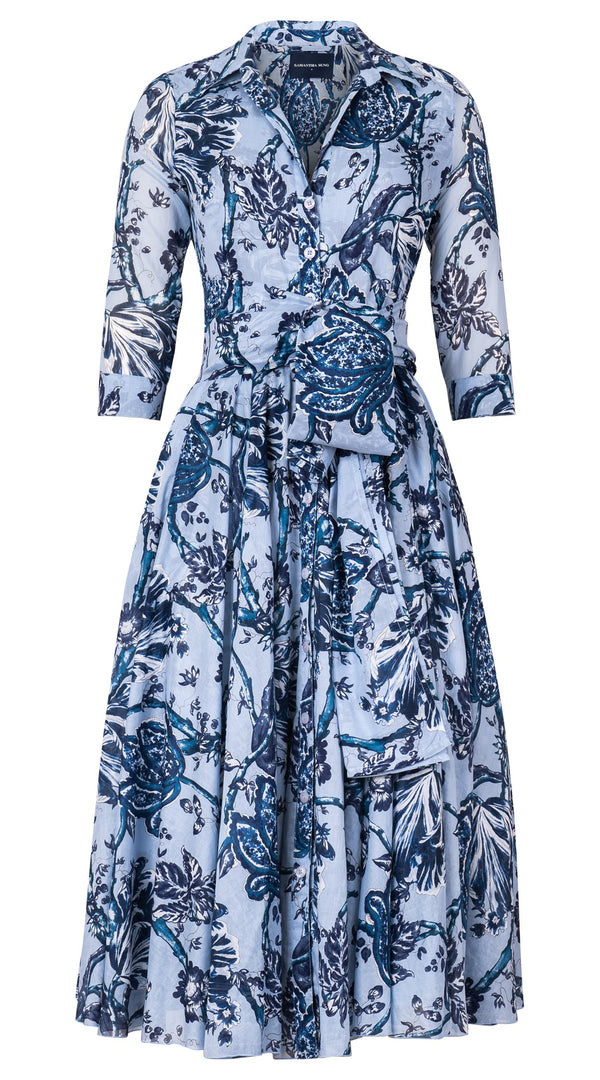 Aster Dress Shirt Collar 3/4 Sleeve Midi Length Cotton Musola (Lillie Toile Pastel)