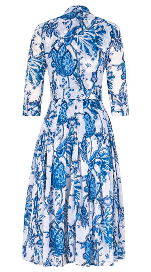 Audrey Dress #4 Shirt Collar 3/4 Sleeve Midi Length Cotton Musola (Lillie Toile White)